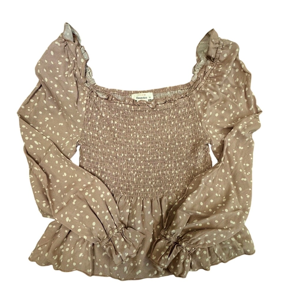 Altar'd State Blouse Mauve Polka Dot Smocked Peplum Cottagecore Boho Small‎